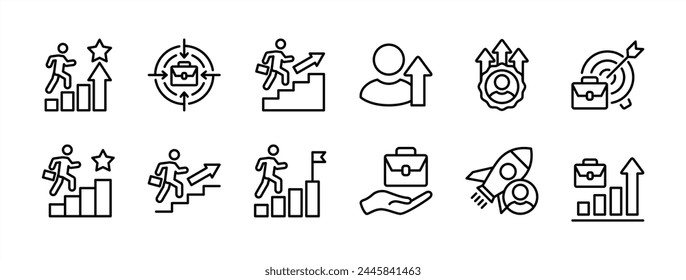 Conjunto de iconos de escalada de hombre de negocios. Conteniendo carrera, inicio, crecimiento y negocio objetivo, promovido, éxito, progreso, liderazgo, avance, mejorar el logro. Ilustración vectorial