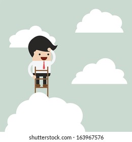 Businessman climbing up a ladder to above the clouds and looking far away, Vision concept, VECTOR, EPS10