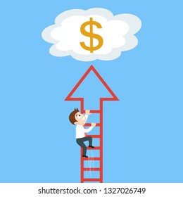 Businessman climbing ladder with arrow up cloud money, illustration vector cartoon