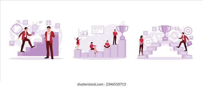 Businessman climbing the ladder, business people achieving career success, Young businessmen and women climbing the career ladder. Path to promotion concept. Set Trend Modern vector flat illustration