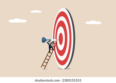 Businessman climbing ladder and carrying arrow to aim at target. Illustration of successful businessman with arrows.