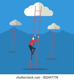 Businessman climbing up a ladder to cloud. Vector Illustration Business concept a ladder Corporate of success.