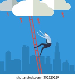 Businessman climbing up a ladder to cloud. Vector Illustration Business concept a ladder Corporate of success.