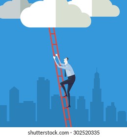 Businessman Climbing Up A Ladder To Cloud. Vector Illustration Business Concept A Ladder Corporate Of Success.