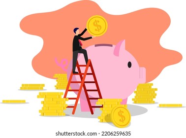 Businessman is climbing a ladder to collect money in a pink pig piggy bank, on the side, there are several stacks of coins. Businessmen collect money for the purpose of growing their businesses.