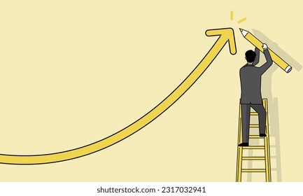 Businessman climbing ladder, drawing arrow in pencil, image of increased sales, concept illustration, vector.