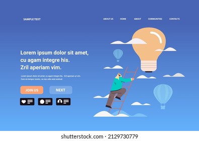 businessman climbing ladder to find lightbuld creative idea inspiration imagination new innovative project opportunity