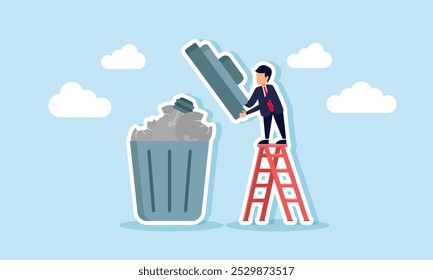 A businessman climbing a ladder intending to close a trash bin filled with broken and shattered light bulbs, illustrating many irrelevant business ideas