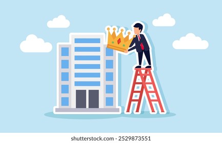 A businessman climbing a ladder intending to crown a building, illustrating giving a title to a company that has become a leader in its field