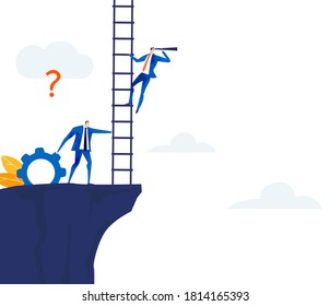 Businessman climbing up with the ladder and looking with the telescope. Ladder of success. 