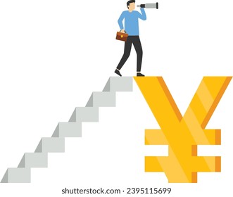 businessman climbing ladder on japanese yen sign using telescope to see future vision, vision and forecast of japan economy, leadership skills to lead country finance in economic crisis concept.

