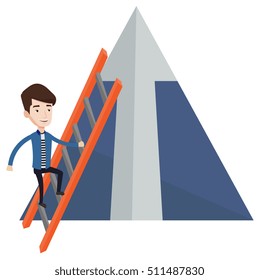 Businessman climbing the ladder. Businessman climbing on mountain with arrow going up. Businessman climbing upward on the top of mountain. Vector flat design illustration isolated on white background.