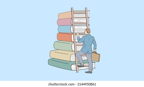 Un hombre de negocios subiendo una escalera en un montón de libros, luchando por el conocimiento, el concepto de educación, éxito, crecimiento.