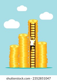 Businessman Climbing with Ladder on Stack of Coins. Doing business and achieving success vector art