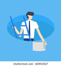 Businessman climbing a ladder out from a hole. Vector flat cartoon illustration