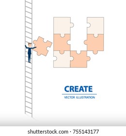 Businessman climbing ladder with patient to fulfill the puzzle of success. Business concept of achievement, ambition and solution. Vector illustration.