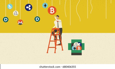 Businessman climbing ladder to pick up bitcoin and keep them in box