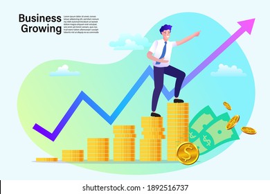 The businessman is climbing the ladder from the pile of coins to his financial peak. Successful business strategy, sales growth, investment. 