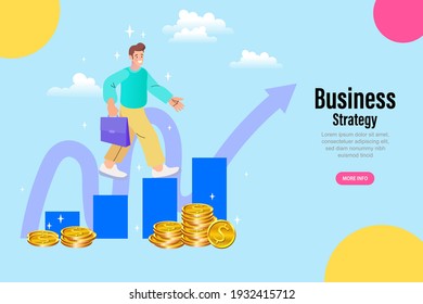The businessman is climbing the ladder from the pile of coins to his financial peak. Successful business strategy, sales growth, investment. 