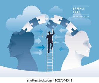 Businessman Climbing Ladder to pushing jigsaw puzzle pieces together, Business Concept of brainstorming through Two Heads are Better than One, Teamwork Creative idea Vector illustration
