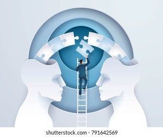 Businessman Climbing Ladder to pushing jigsaw puzzle pieces join together, Business Concept of brainstorm through Two Heads are Better than One, Teamwork Creative idea, Paper art vector illustration