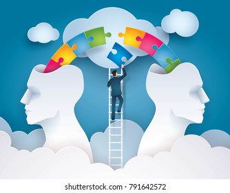 Businessman Climbing Ladder to pushing jigsaw puzzle pieces attach together, Business Concept of brainstorm through Two Heads are Better than One, Teamwork Creative idea, Paper art vector illustration