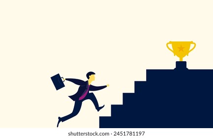 Businessman climbing the ladder to reach the trophy. Symbolizes achievement, goals, struggle, effort and hard work.
