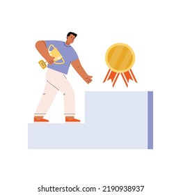 Businessman Climbing The Ladder To Receive An Award, Flat Vector Illustration Isolated On White Background. Successful Achieving Goals And Receiving Rewards.