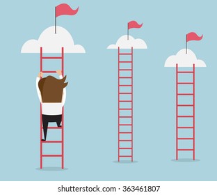 businessman climbing the ladder for red flag, business success concept cartoon vector illustration