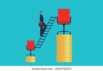 businessman climbing the ladder from a small low office chair to a large high office chair