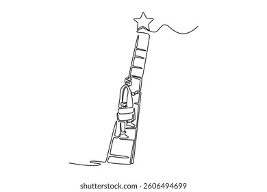 businessman climbing up the ladder to the star. personal goals. Personal goals concept. Single line draw design. Vector graphic illustration