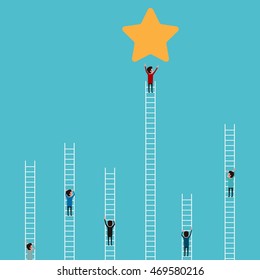 Businessman Climbing Ladder To Star And Success. Competition And Business Concept. Cartoon Vector Illustration.