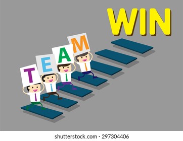 Businessman climbing ladder to Success. Vector illustration. Businessman climbing to goal. Motivation concept to be successful. winner. finish. win. flat design. graph. team, teamwork