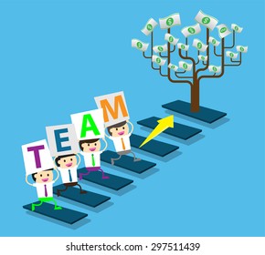 Businessman climbing ladder to Success. Vector illustration. Businessman climbing to goal. Motivation concept to be successful. winner. finish. win. flat design. graph. team, teamwork .money tree