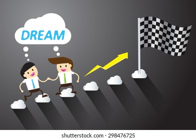 Businessman climbing ladder to Success. Vector illustration. Businessman climbing to goal. Motivation concept to be successful. winner. finish. win. flat design. graph. team, teamwork. help. flag