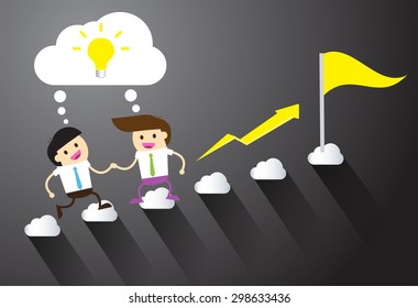Businessman climbing ladder to Success. Vector illustration. Businessman climbing to goal. Motivation concept to be successful. winner. finish. win. flat design. graph. team, teamwork. help. flag