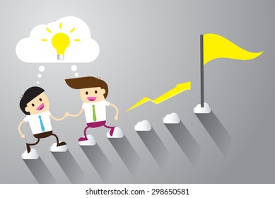 Businessman climbing ladder to Success. Vector illustration. Businessman climbing to goal. Motivation concept to be successful. winner. finish. win. flat design. graph. team, teamwork.flag
