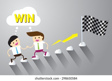 Businessman climbing ladder to Success. Vector illustration. Businessman climbing to goal. Motivation concept to be successful. winner. finish. win. flat design. graph. team, teamwork.flag