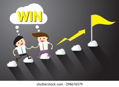 Businessman climbing ladder to Success. Vector illustration. Businessman climbing to goal. Motivation concept to be successful. winner. finish. win. flat design. graph. team, teamwork. help. flag