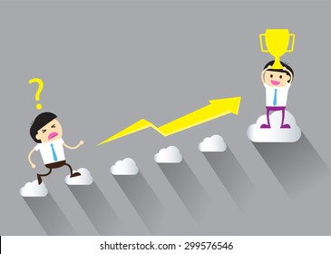 Businessman climbing ladder to Success. Vector illustration. Businessman climbing to goal. Motivation concept to be successful. winner. finish. win. flat design. graph.trophy cup