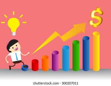 Businessman climbing ladder to Success. Vector illustration. Businessman climbing to goal. Motivation concept to be successful. winner. finish. win. flat design. graph.money, infographics