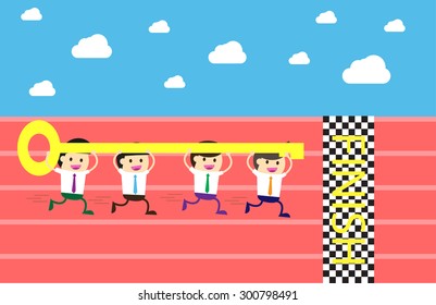 Businessman climbing ladder to Success. Vector illustration. Businessman climbing to goal. Motivation concept to be successful. winner. finish. win.flat design.graph, infographics.key to Success. team