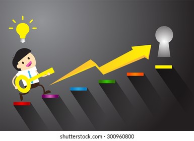 Businessman climbing ladder to Success. Vector illustration. Businessman climbing to goal. Motivation concept to be successful. winner. finish. win.flat design. graph, infographics. key to Success