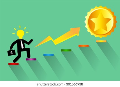 Businessman climbing ladder to Success. Vector illustration. Businessman climbing to goal. Motivation concept to be successful. winner. finish. win. flat design. graph.  idea light bulb. star