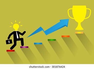 Businessman climbing ladder to Success. Vector illustration. Businessman climbing to goal. Motivation concept to be successful. winner. finish. win. flat design. graph.cup