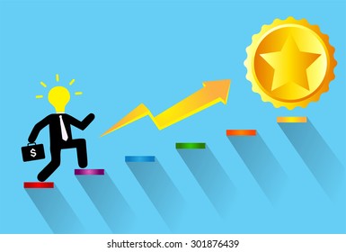 Businessman climbing ladder to Success. Vector illustration. Businessman climbing to goal. Motivation concept to be successful. winner. finish. win. flat design. graph.gold star