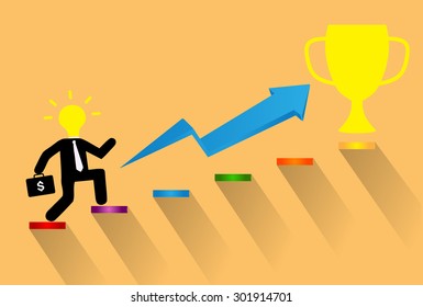 Businessman climbing ladder to Success. Vector illustration. Businessman climbing to goal. Motivation concept to be successful. winner. finish. win. flat design. graph.cup