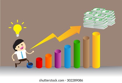Businessman climbing ladder to Success. Vector illustration. Businessman climbing to goal. Motivation concept to be successful. winner. finish. win. flat design. graph. idea light bulb.money