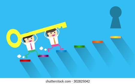 Businessman climbing ladder to Success. Vector illustration. Businessman climbing to goal. Motivation concept to be successful. winner. finish. win. flat design. graph. idea light bulb. dream. key.