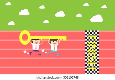 Businessman climbing ladder to Success. Vector illustration. Businessman climbing to goal. Motivation concept to be successful. winner. finish. win.flat design.graph, infographics.key to Success. team
